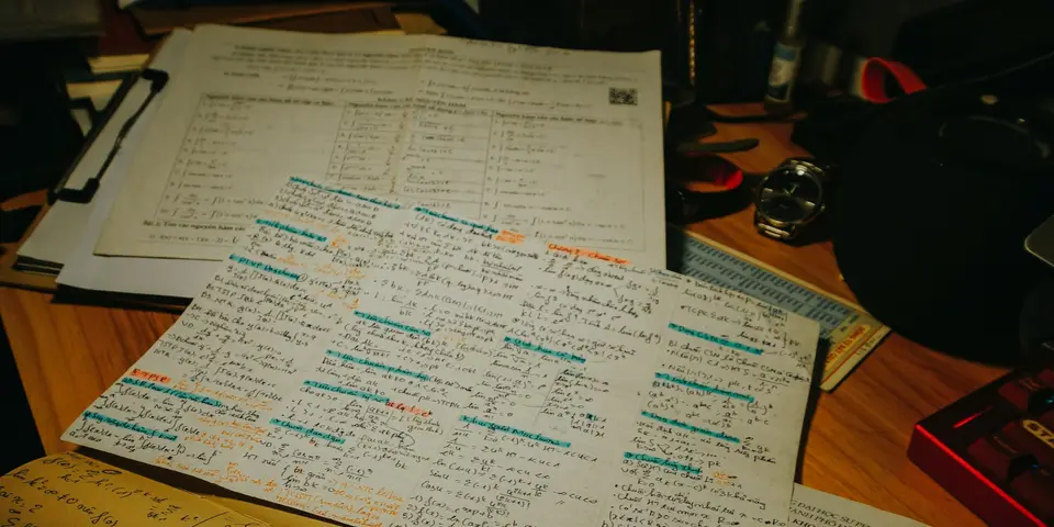 Escritorio con varias hojas llenas de notas y cuentas escritas a mano, encimadas unas sobre otras.