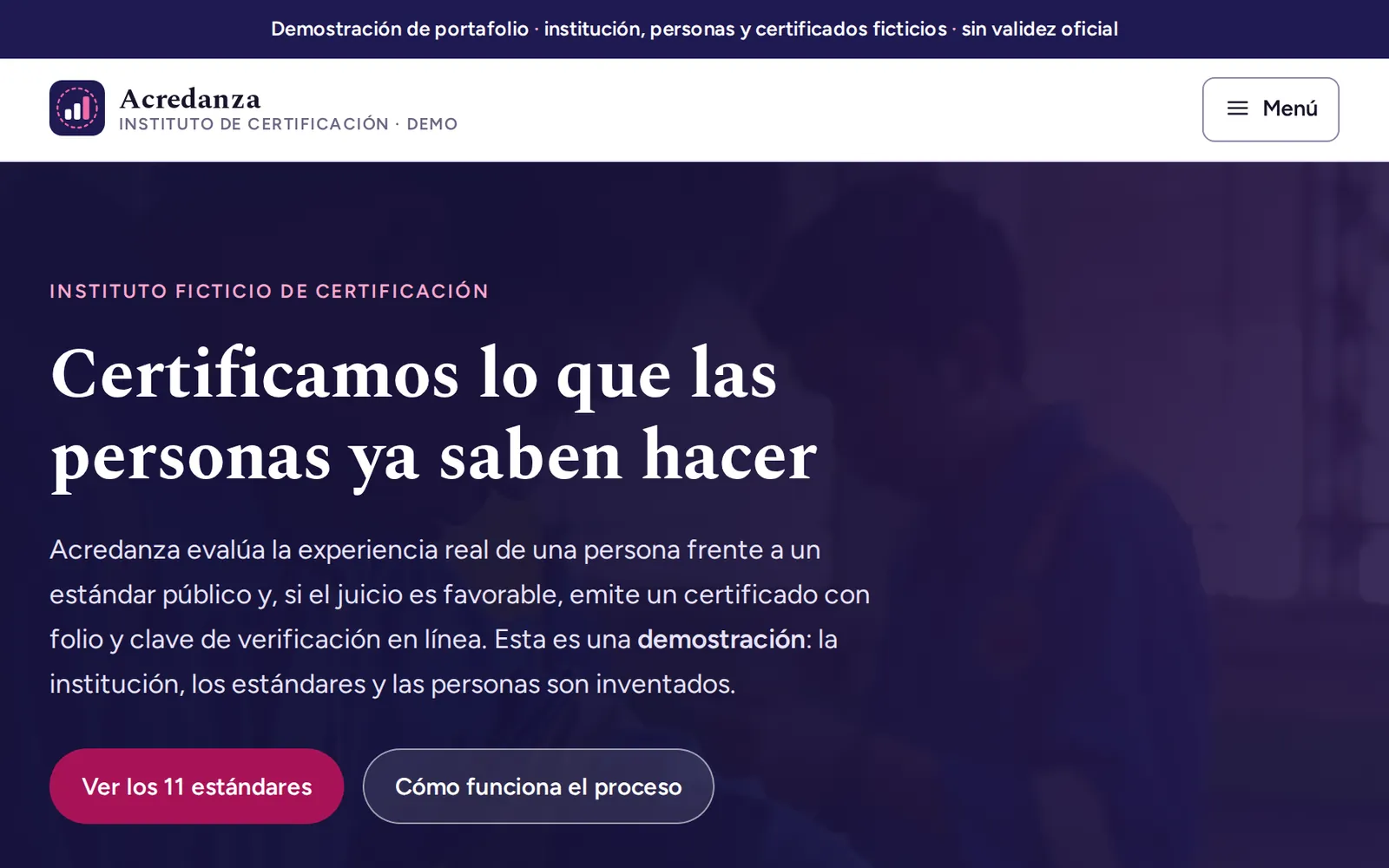 Portada del sitio de Acredanza, instituto de certificación.
