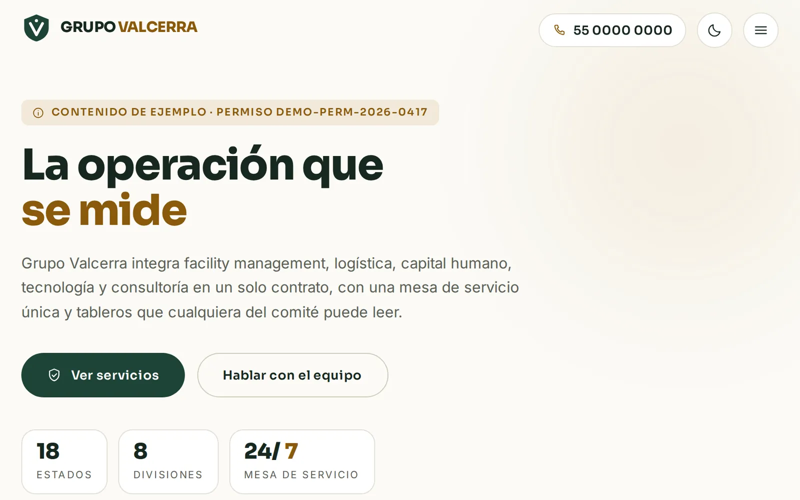 Captura del sitio de Grupo Valcerra (demostración · datos ficticios)