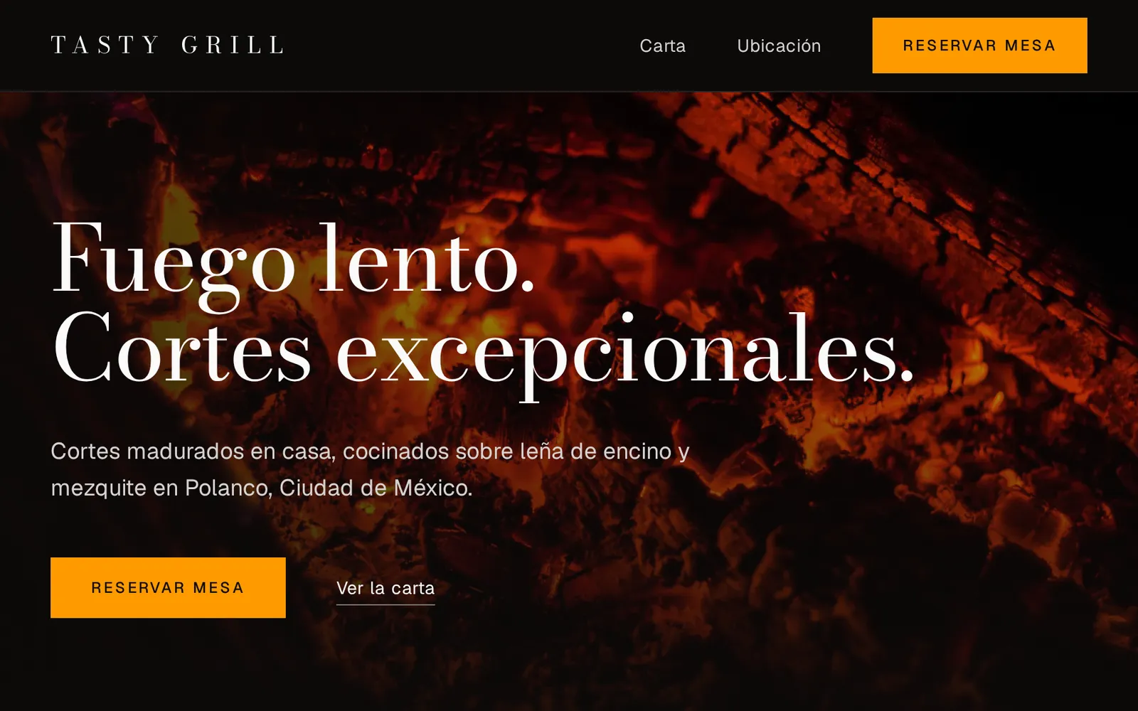 Portada del sitio de Tasty Grill, restaurante de cortes a la parrilla.