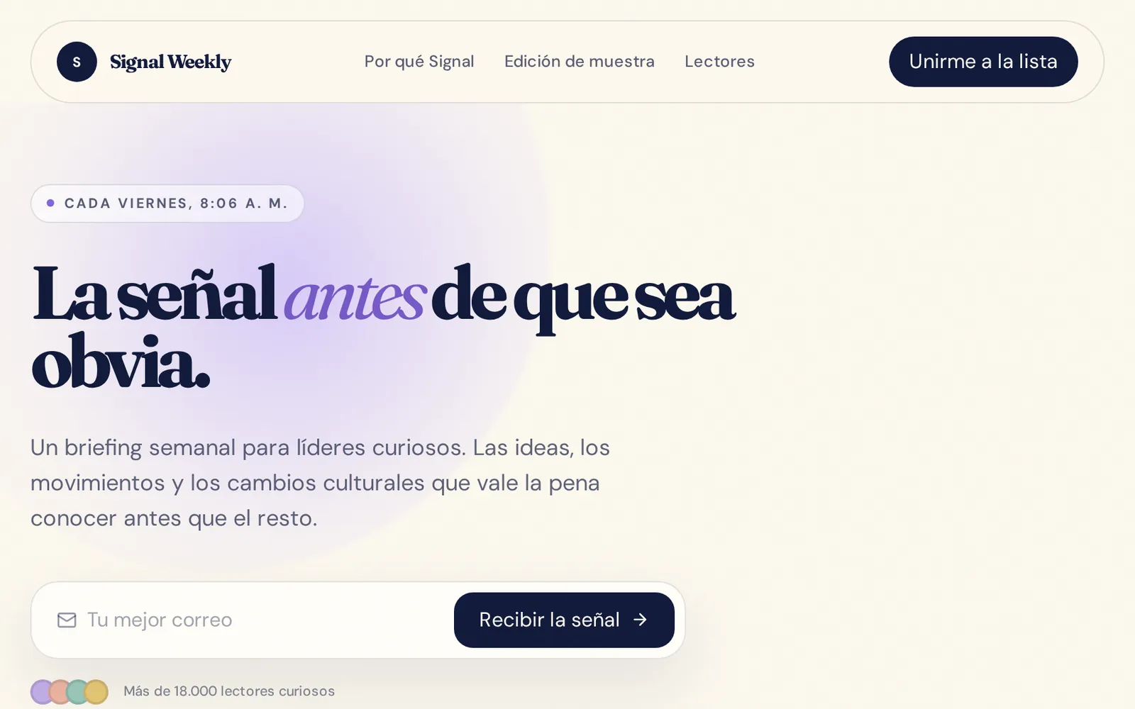Captura del sitio de Signal Weekly (demostración · datos ficticios)